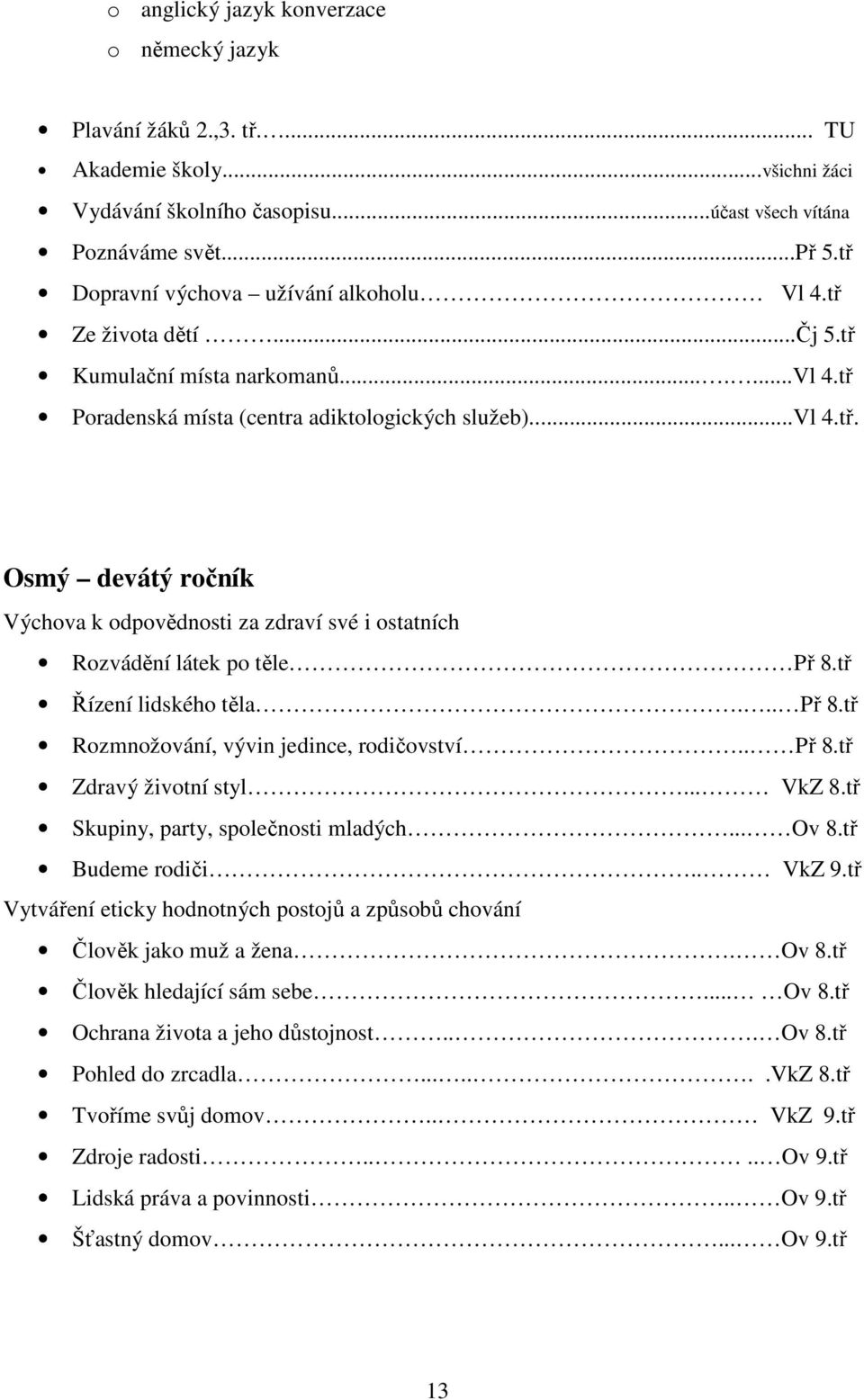 tř Řízení lidského těla... Př 8.tř Rozmnožování, vývin jedince, rodičovství.. Př 8.tř Zdravý životní styl... VkZ 8.tř Skupiny, party, společnosti mladých... Ov 8.tř Budeme rodiči.. VkZ 9.