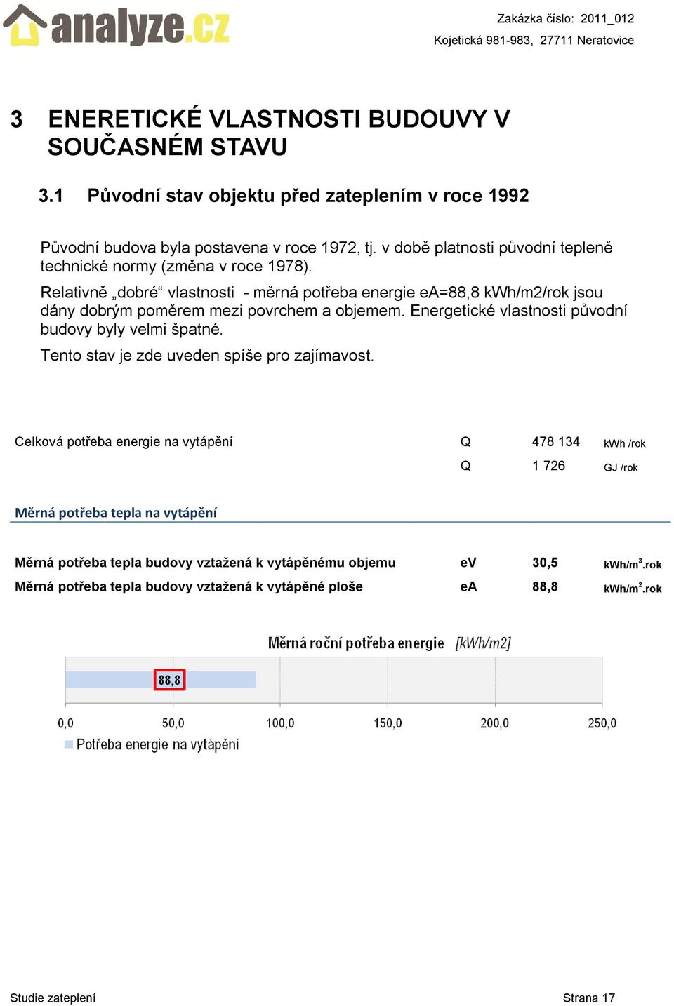 Relativně dobré vlastnosti - měrná potřeba energie ea=88,8 kwh/m2/rok jsou dány dobrým poměrem mezi povrchem a objemem. Energetické vlastnosti původní budovy byly velmi špatné.