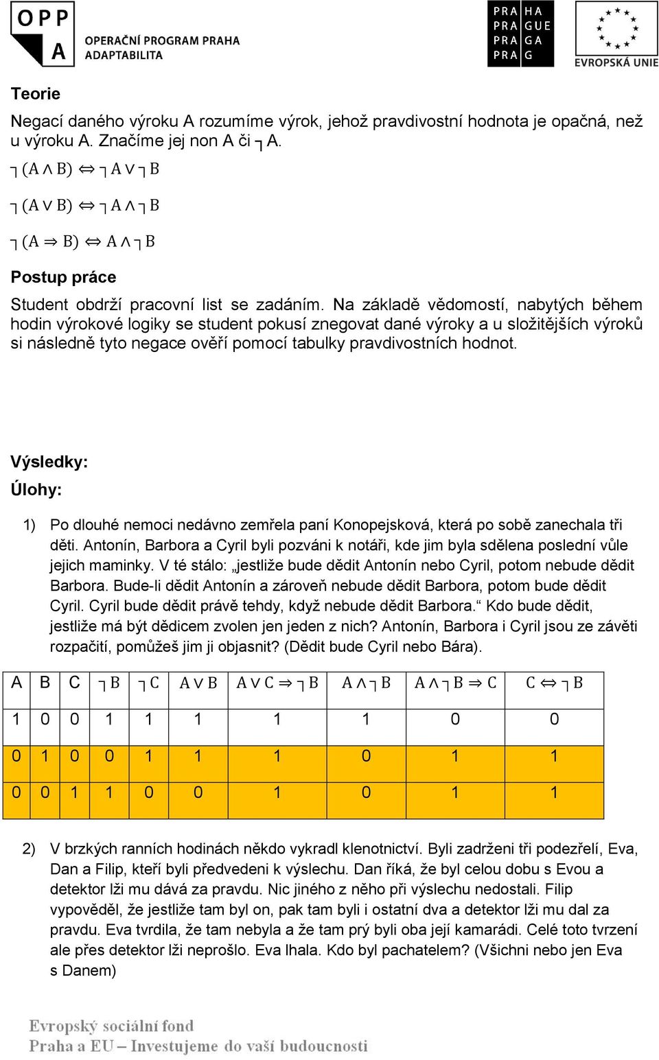 Na základě vědomostí, nabytých během hodin výrokové logiky se student pokusí znegovat dané výroky a u složitějších výroků si následně tyto negace ověří pomocí tabulky pravdivostních hodnot.