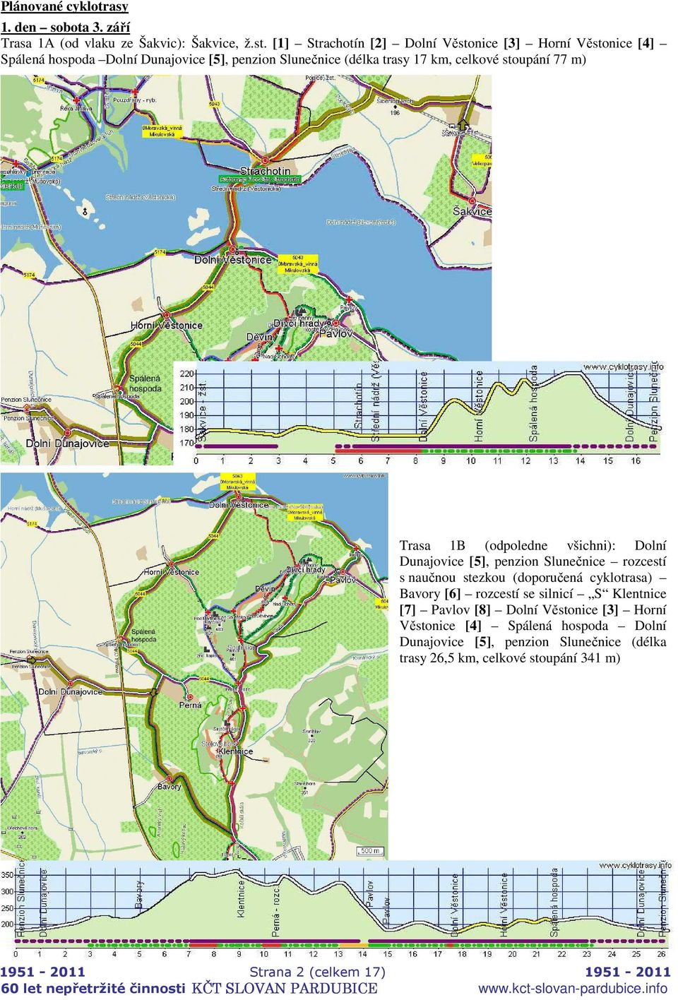 77 m) Trasa 1B (odpoledne všichni): Dolní Dunajovice [5], penzion Slunečnice rozcestí s naučnou stezkou (doporučená cyklotrasa) Bavory [6] rozcestí se