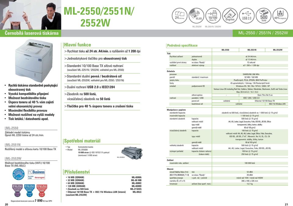 ML-2550 Základní model tiskárny Oproti ML 2250 tiskne až 24 str./min.