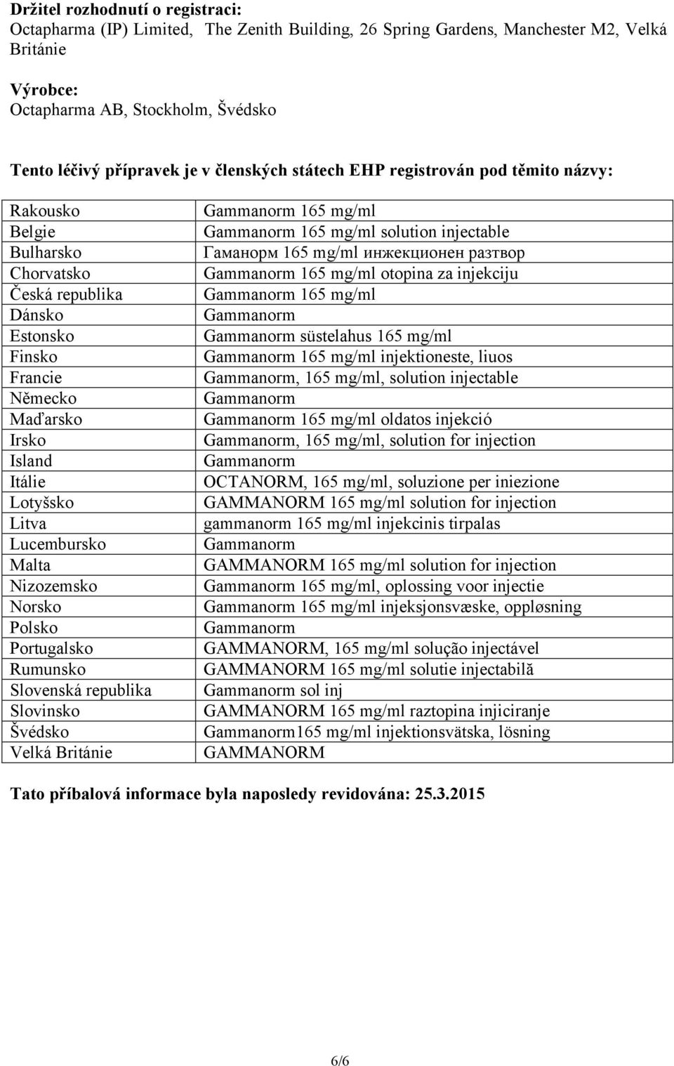 Malta Nizozemsko Norsko Polsko Portugalsko Rumunsko Slovenská republika Slovinsko Švédsko Velká Británie 165 mg/ml 165 mg/ml solution injectable Гаманорм 165 mg/ml инжекционен разтвор 165 mg/ml