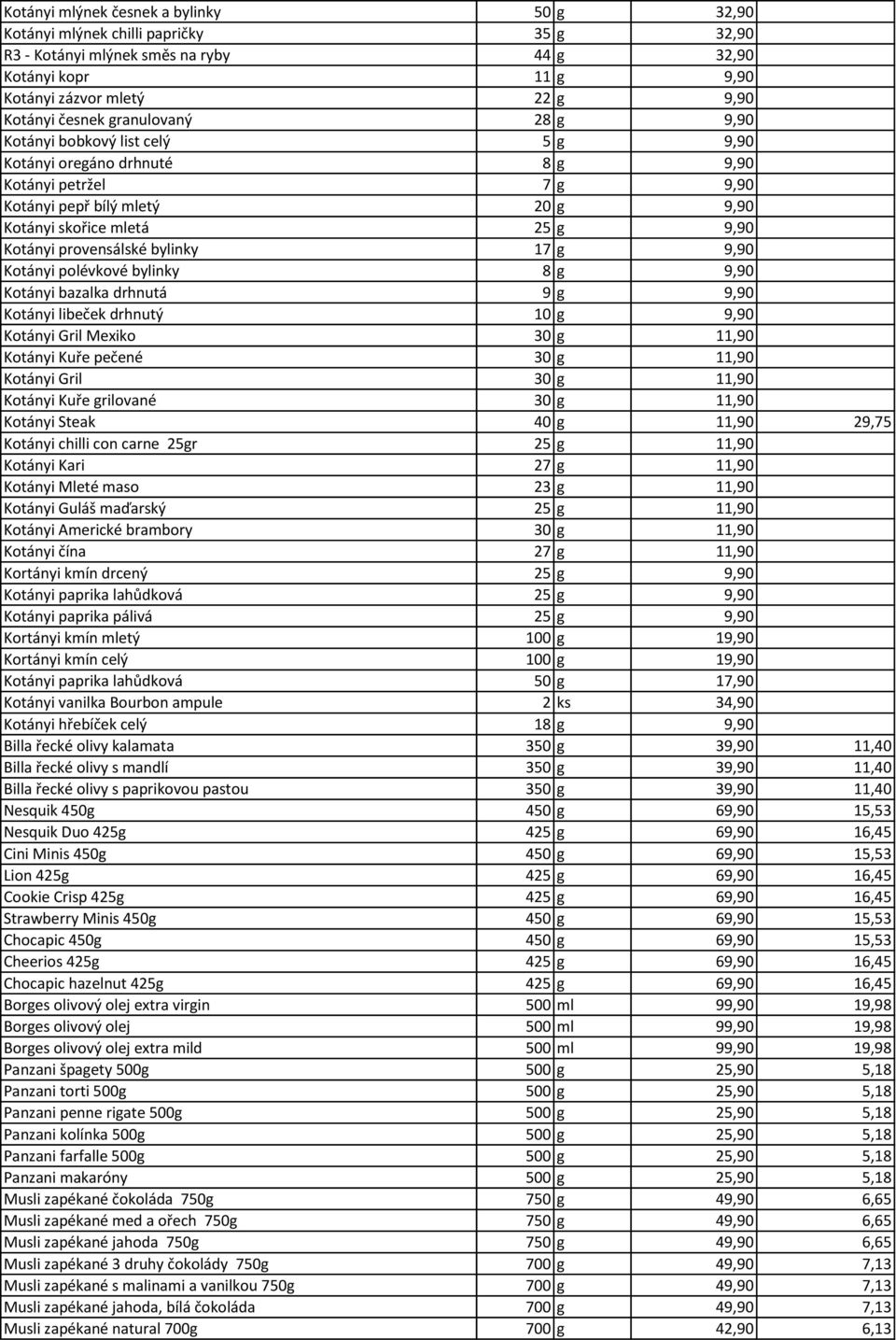 provensálské bylinky 17 g 9,90 Kotányi polévkové bylinky 8 g 9,90 Kotányi bazalka drhnutá 9 g 9,90 Kotányi libeček drhnutý 10 g 9,90 Kotányi Gril Mexiko 30 g 11,90 Kotányi Kuře pečené 30 g 11,90