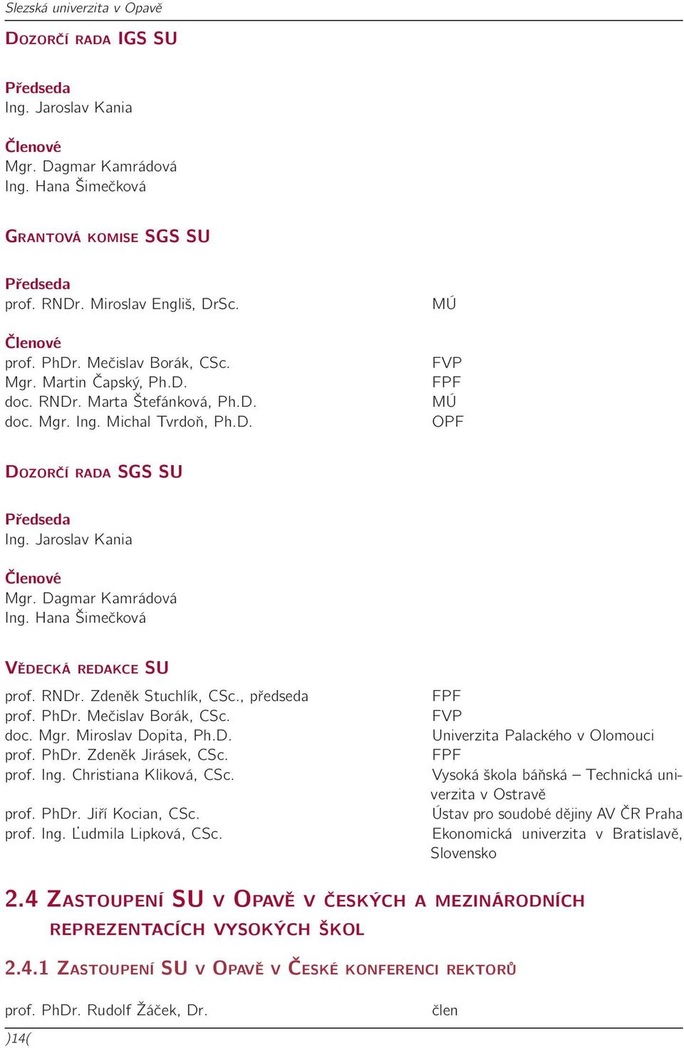 Dagmar Kamrádová Ing. Hana Šimečková Vědecká redakce SU prof. RNDr. Zdeněk Stuchlík, CSc., předseda prof. PhDr. Mečislav Borák, CSc. doc. Mgr. Miroslav Dopita, Ph.D. prof. PhDr. Zdeněk Jirásek, CSc.