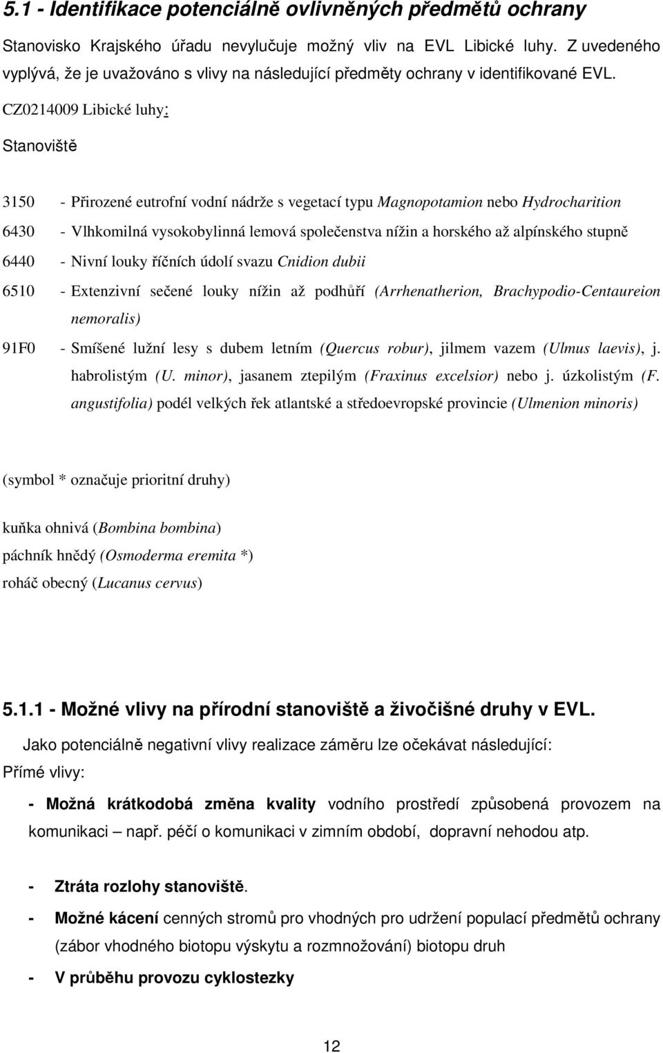 CZ0214009 Libické luhy: Stanoviště 3150 - Přirozené eutrofní vodní nádrže s vegetací typu Magnopotamion nebo Hydrocharition 6430 - Vlhkomilná vysokobylinná lemová společenstva nížin a horského až