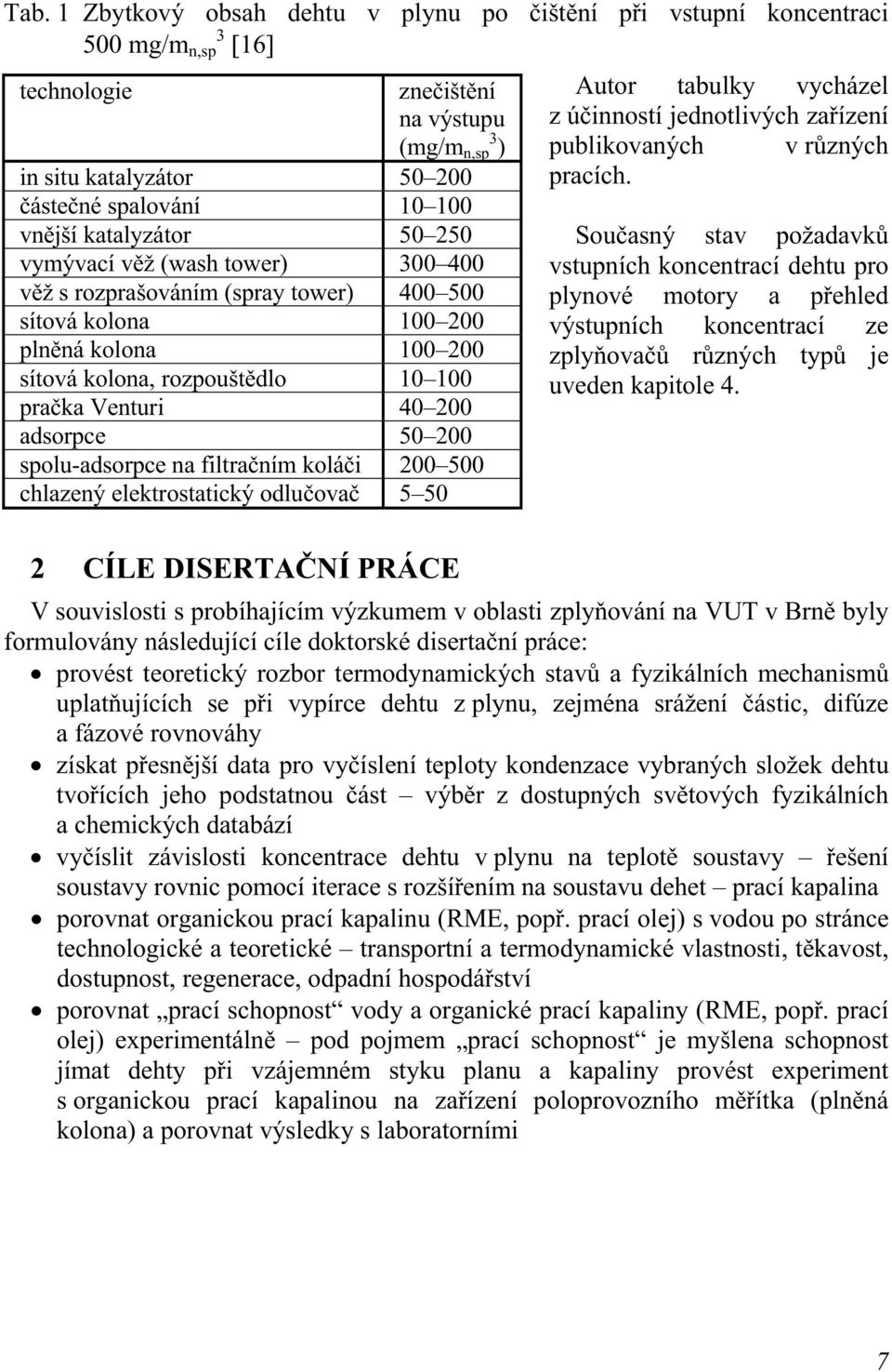 200 adsorpce 50 200 spolu-adsorpce na filtračním koláči 200 500 chlazený elektrostatický odlučovač 5 50 2 CÍLE DISERTAČNÍ PRÁCE Autor tabulky vycházel z účinností jednotlivých zařízení publikovaných