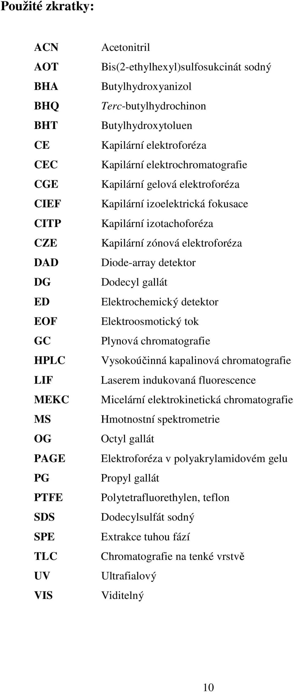 zónová elektroforéza Diode-array detektor Dodecyl gallát Elektrochemický detektor Elektroosmotický tok Plynová chromatografie Vysokoúčinná kapalinová chromatografie Laserem indukovaná fluorescence