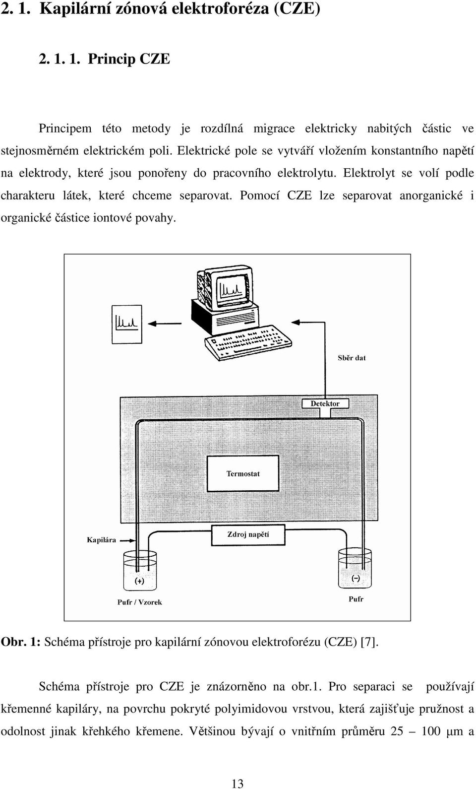 Pomocí CZE lze separovat anorganické i organické částice iontové povahy. Obr. 1: Schéma přístroje pro kapilární zónovou elektroforézu (CZE) [7].