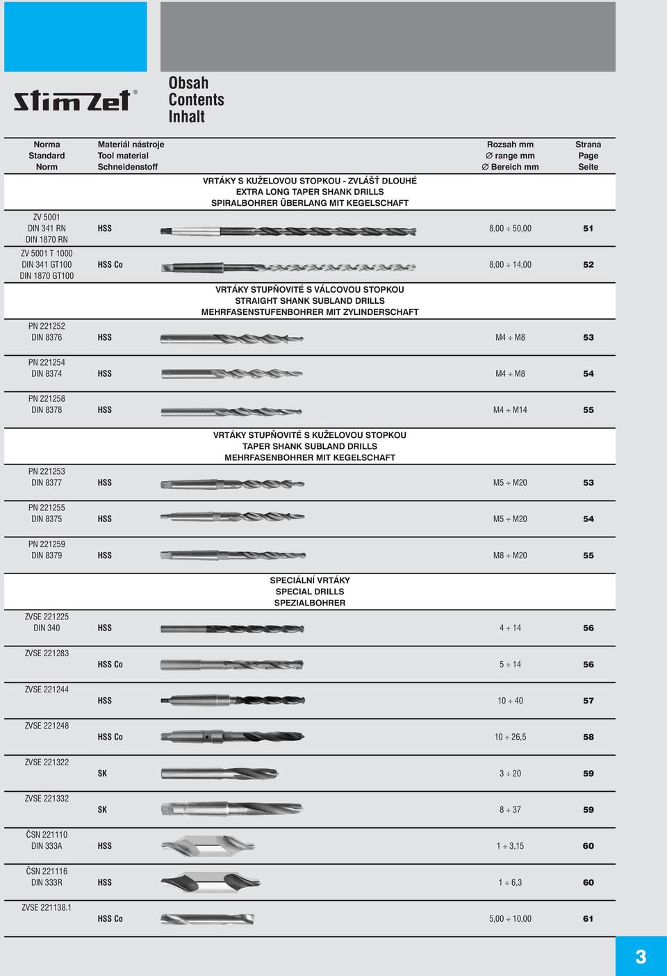 SHANK SUBLAND DRILLS MEHRASENSTUENBOHRER MIT ZYLINDERSCHAT PN 221252 DIN 8376 HSS M4 M8 53 PN 221254 DIN 8374 HSS M4 M8 54 PN 221258 DIN 8378 HSS M4 M14 55 RTÁKY STUPŇOITÉ S KUŽELOOU STOPKOU TAPER