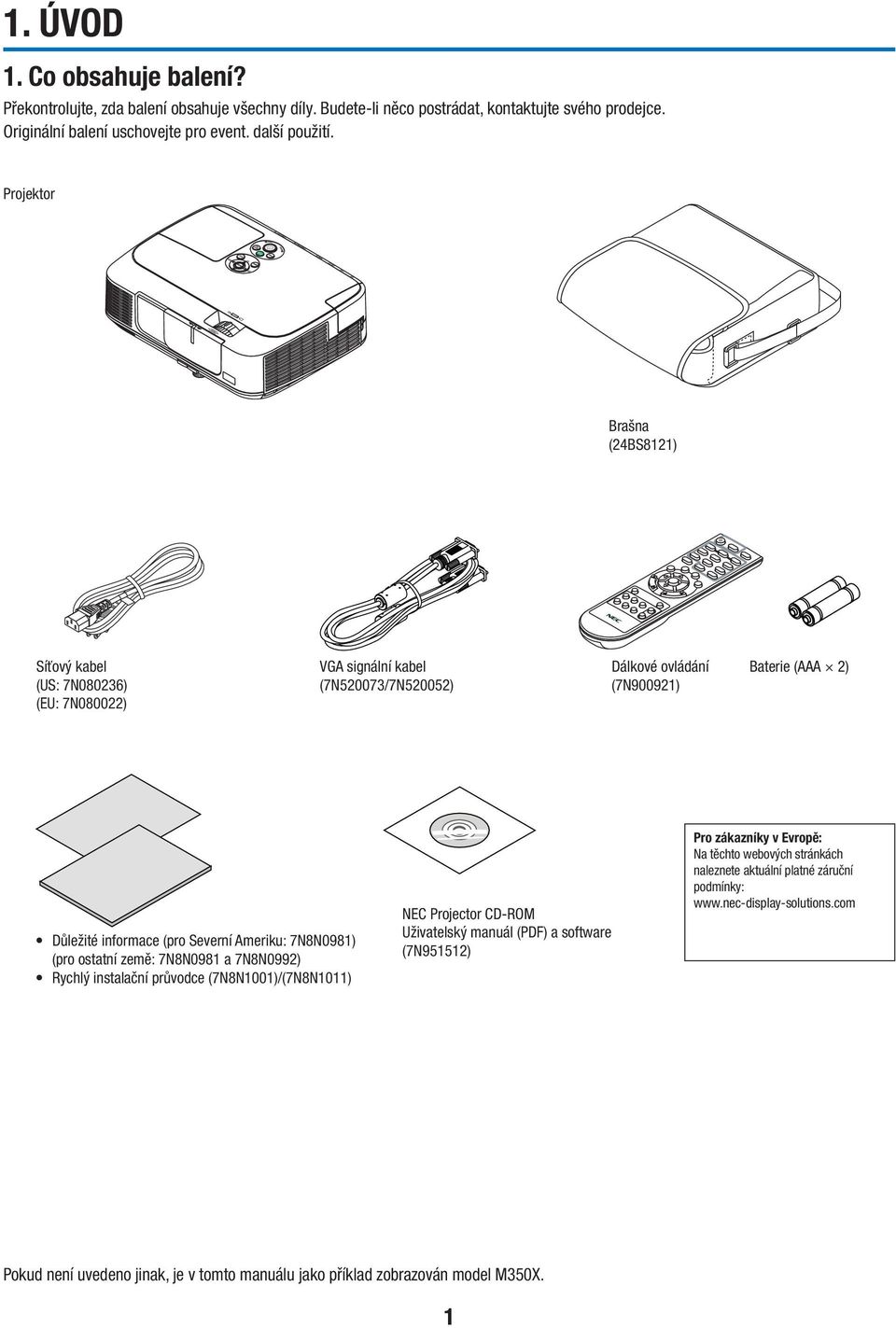 Ameriku: 7N8N0981) (pro ostatní země: 7N8N0981 a 7N8N0992) Rychlý instalační průvodce (7N8N1001)/(7N8N1011) NEC Projector CD-ROM Uživatelský manuál (PDF) a software (7N951512) Pro zákazníky