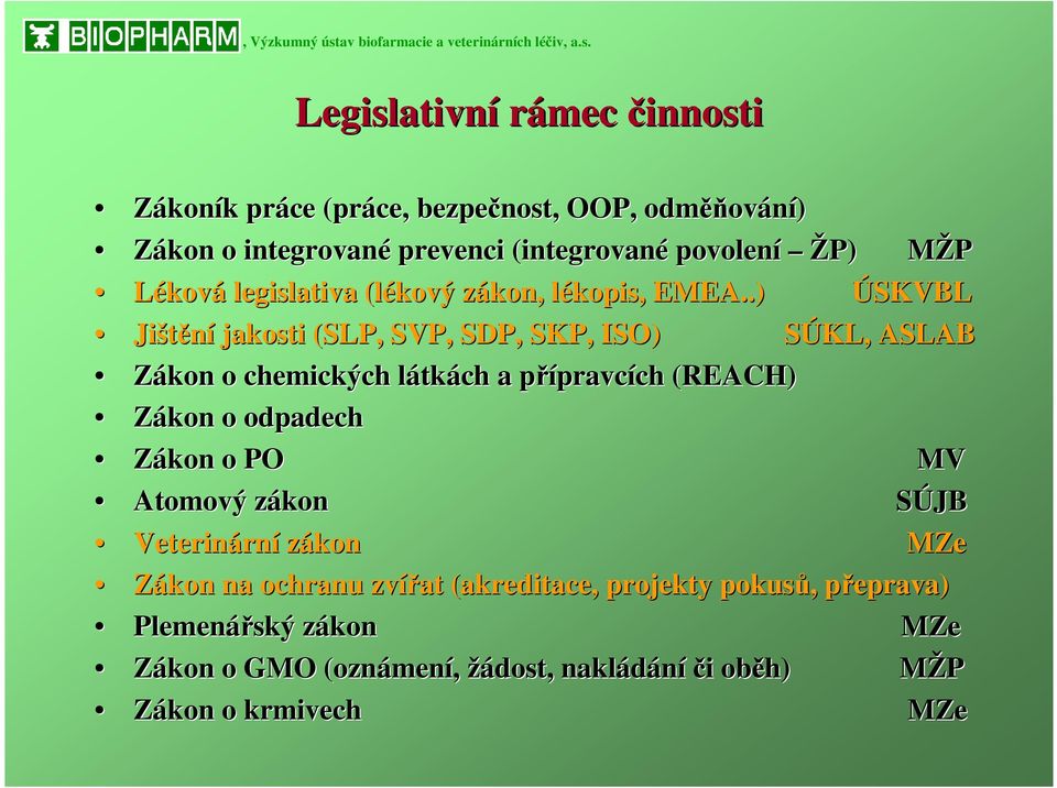 Legislativní rámec činnosti Zákoník k práce (práce, bezpečnost, OOP, odměň ěňování) Zákon o integrované prevenci (integrované povolení ŽP) MŽPM Léková