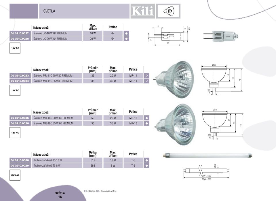9025 Žárovka MR-16C 20 W 60 PREMIUM 50 20 W MR-16 DJ 0210.9026 Žárovka MR-16C 35 W 60 PREMIUM 50 35 W MR-16 Max.