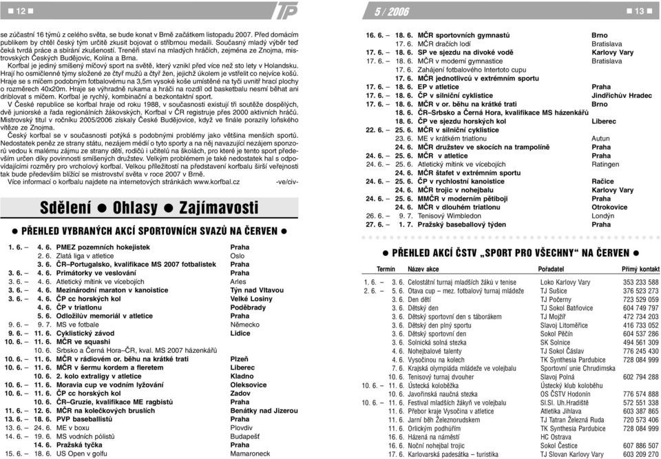 Trenéøi staví na mladých hráèích, zejména ze Znojma, mistrovských Èeských Budìjovic, Kolína a Brna. Korfbal je jediný smíšený míèový sport na svìtì, který vznikl pøed více než sto lety v Holandsku.