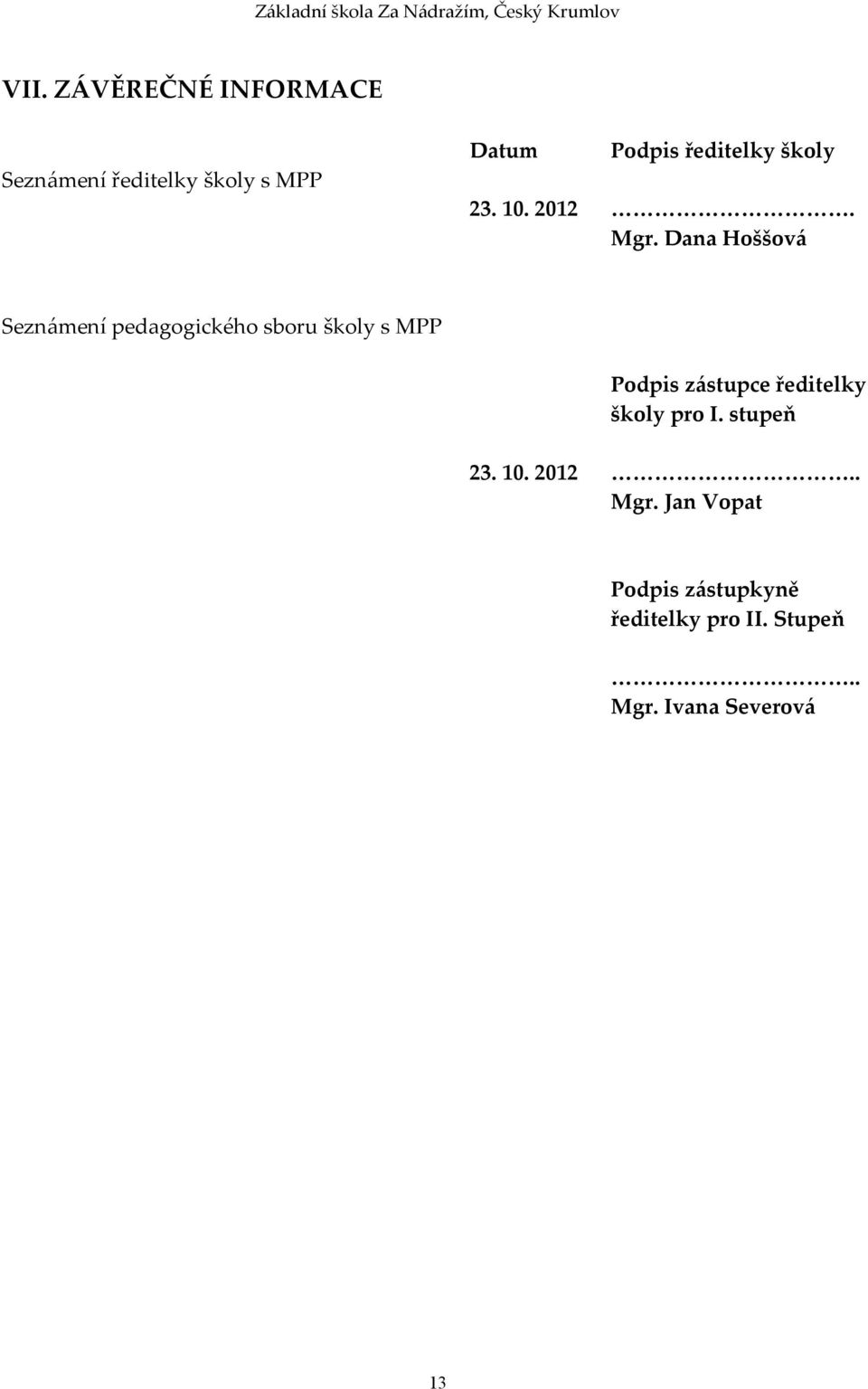 Dana Hoššová Seznámení pedagogického sboru školy s MPP Podpis zástupce