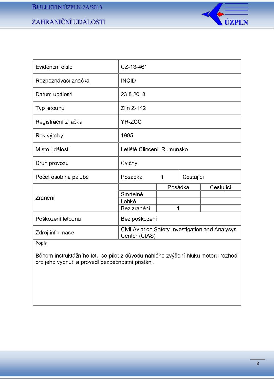 Posádka 1 Cestující Posádka Lehké Bez zranění 1 Bez poškození Cestující Civil Aviation Safety