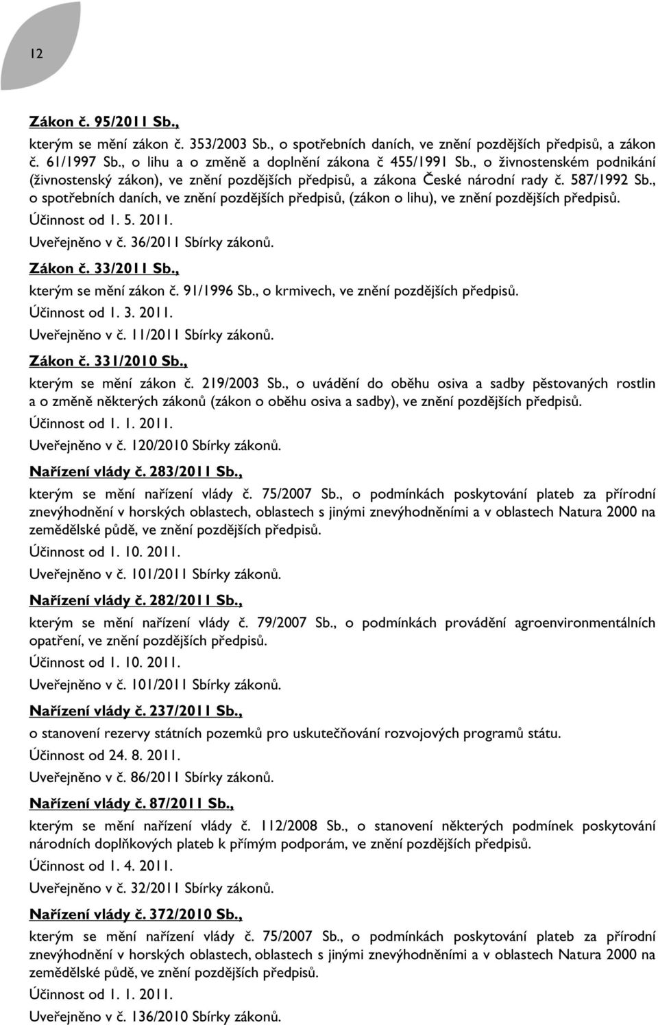 , o spotřebních daních, ve znění pozdějších předpisů, (zákon o lihu), ve znění pozdějších předpisů. Účinnost od 1. 5. 2011. Uveřejněno v č. 36/2011 Sbírky zákonů. Zákon č. 33/2011 Sb.