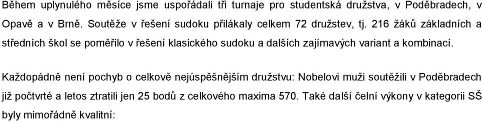 216 žáků základních a středních škol se poměřilo v řešení klasického sudoku a dalších zajímavých variant a kombinací.