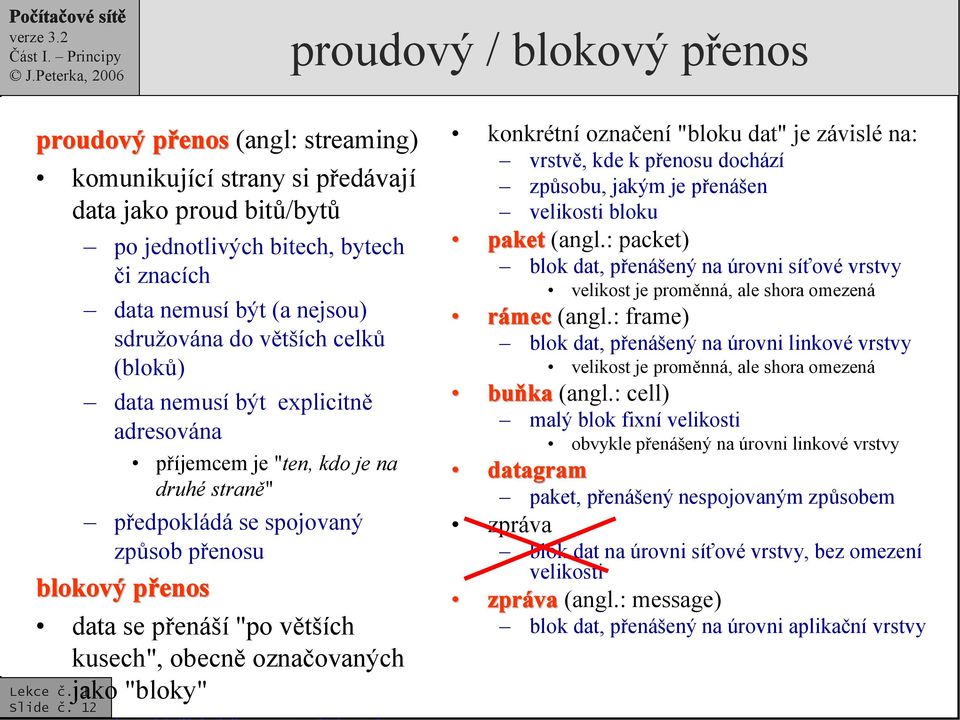 předpokládá se spojovaný způsob přenosu blokový přenosp data se přenáší "po větších kusech", obecně označovaných jako "bloky" konkrétní označení "bloku dat" je závislé na: vrstvě, kde k přenosu