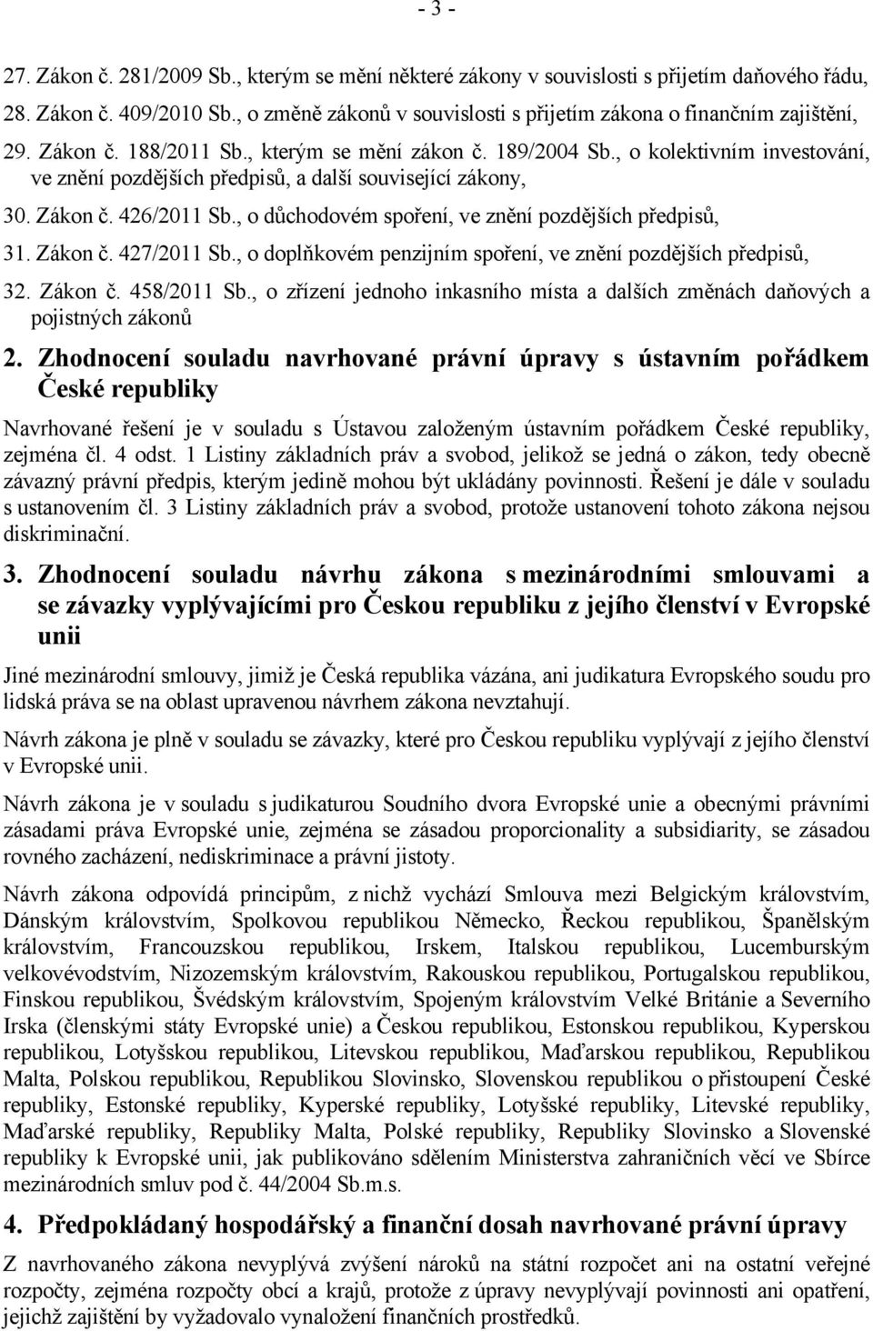 , o kolektivním investování, ve znění pozdějších předpisů, a další související zákony, 30. Zákon č. 426/2011 Sb., o důchodovém spoření, ve znění pozdějších předpisů, 31. Zákon č. 427/2011 Sb.