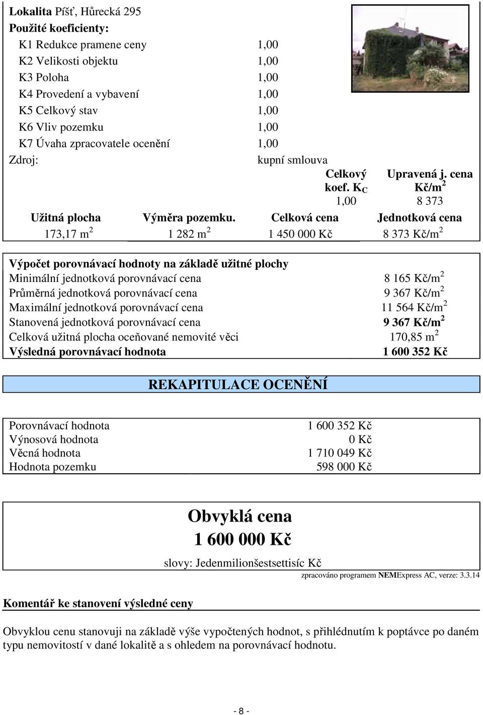 Celková cena Jednotková cena 173,17 m 2 1 282 m 2 1 450 000 Kč 8 373 Kč/m 2 Výpočet porovnávací hodnoty na základě užitné plochy Minimální jednotková porovnávací cena 8 165 Kč/m 2 Průměrná jednotková