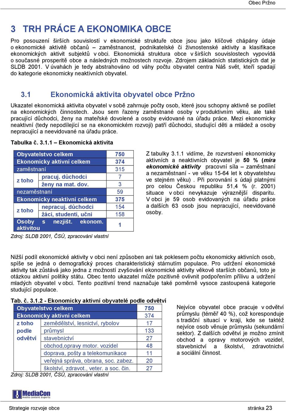 Zdrojem základních statistických dat je SLDB 2001. V úvahách je tedy abstrahováno od váhy počtu obyvatel centra Náš svět, kteří spadají do kategorie ekonomicky neaktivních obyvatel. 3.