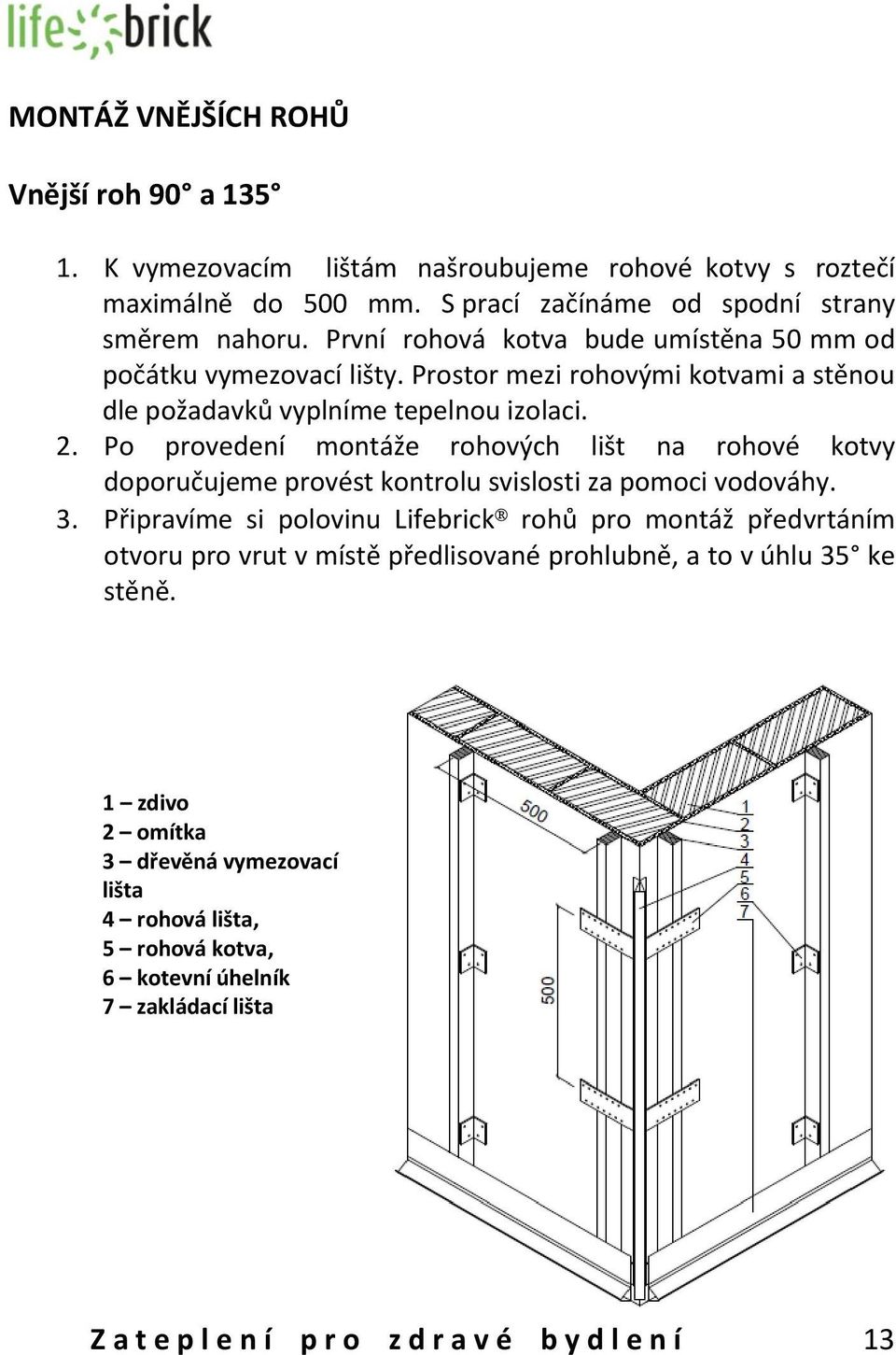 Po provedení montáže rohových lišt na rohové kotvy doporučujeme provést kontrolu svislosti za pomoci vodováhy. 3.