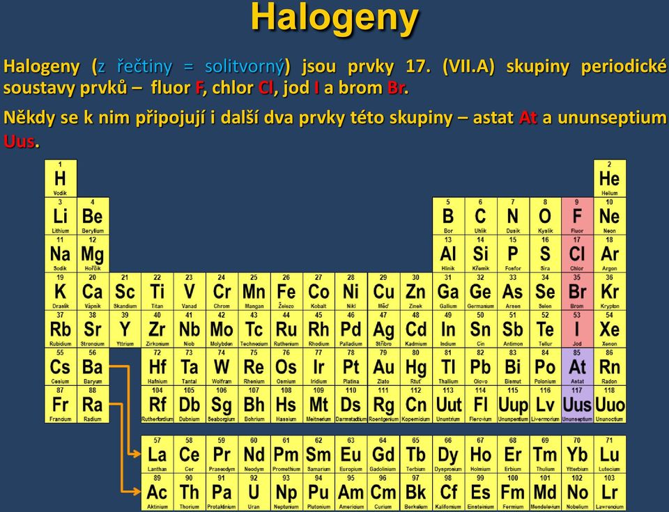 A) skupiny periodické soustavy prvků fluor F, chlor