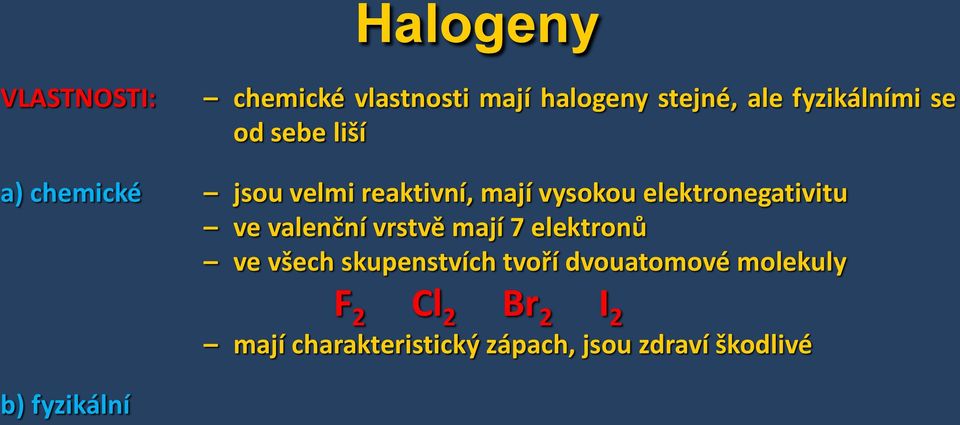 ve valenční vrstvě mají 7 elektronů ve všech skupenstvích tvoří dvouatomové