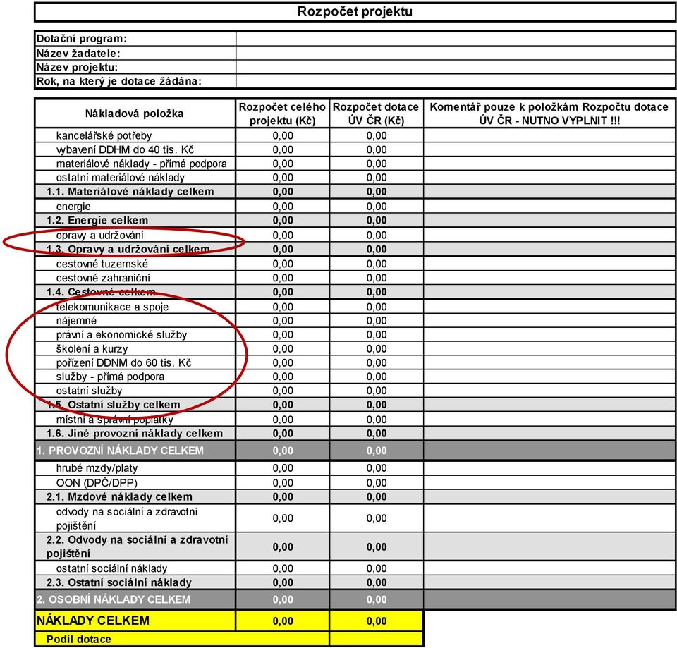 Energie celkem 0,00 0,00 opravy a udržování 0,00 0,00 1.3. Opravy a udržování celkem 0,00 0,00 cestovné tuzemské 0,00 0,00 cestovné zahraniční 0,00 0,00 1.4.