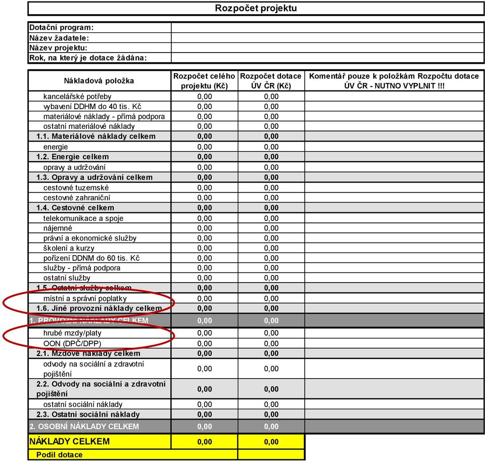 Energie celkem 0,00 0,00 opravy a udržování 0,00 0,00 1.3. Opravy a udržování celkem 0,00 0,00 cestovné tuzemské 0,00 0,00 cestovné zahraniční 0,00 0,00 1.4.