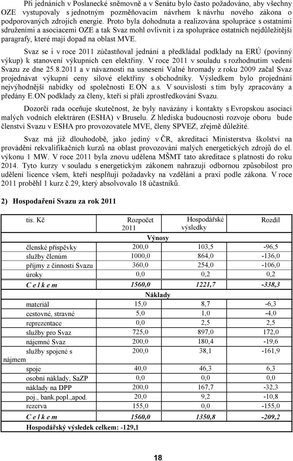 Svaz se i v roce 2011 zúčastňoval jednání a předkládal podklady na ERÚ (povinný výkup) k stanovení výkupních cen elektřiny. V roce 2011 v souladu s rozhodnutím vedení Svazu ze dne 25.8.