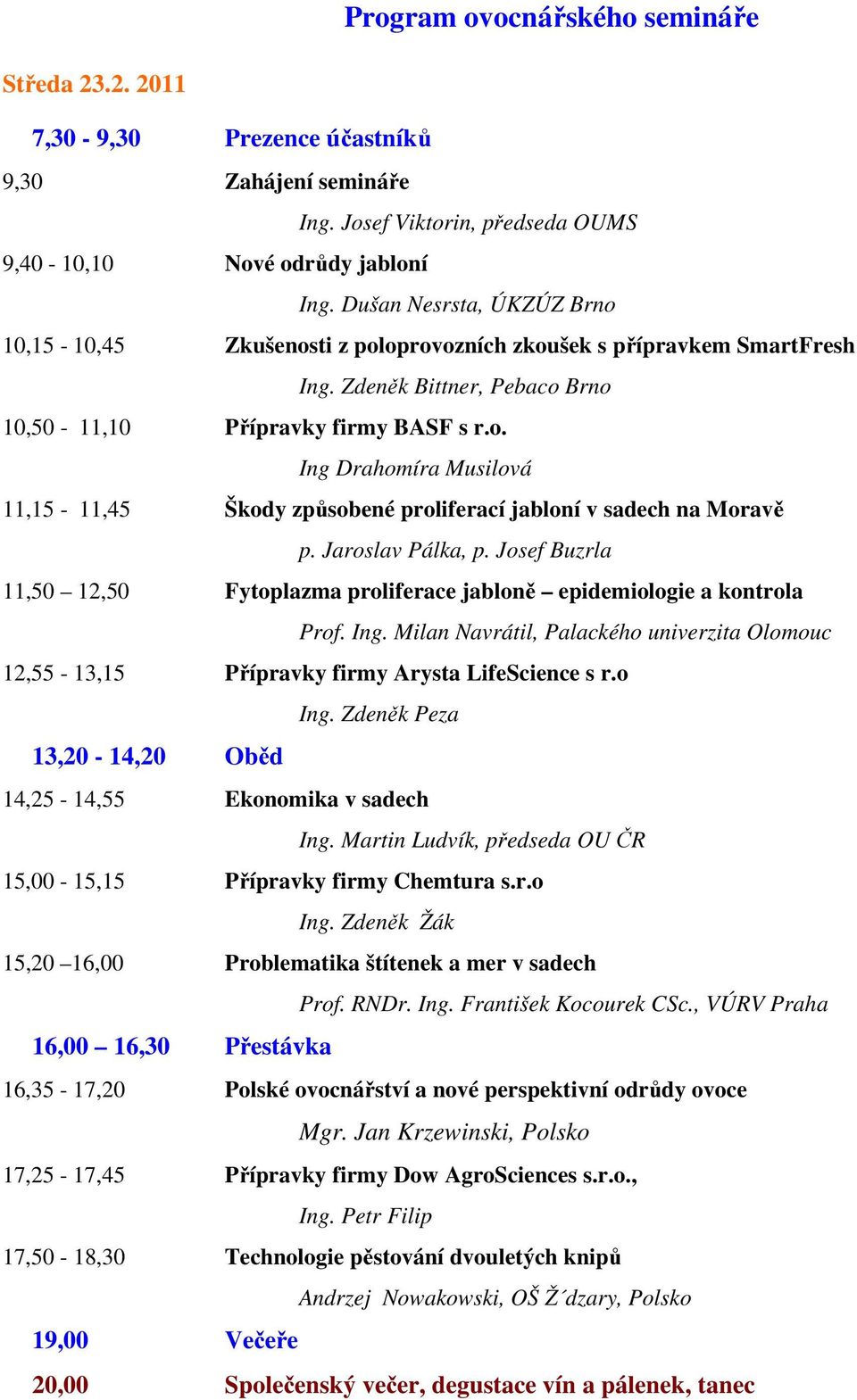 Jaroslav Pálka, p. Josef Buzrla 11,50 12,50 Fytoplazma proliferace jabloně epidemiologie a kontrola Prof. Ing.