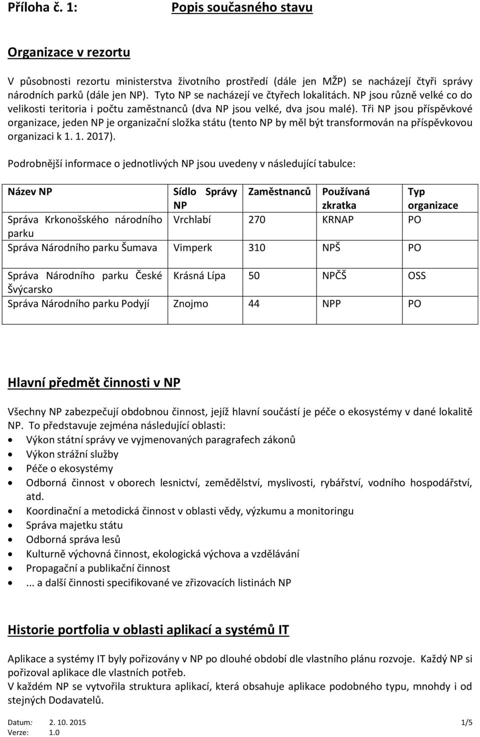 Tři NP jsou příspěvkové organizace, jeden NP je organizační složka státu (tento NP by měl být transformován na příspěvkovou organizaci k 1. 1. 2017).