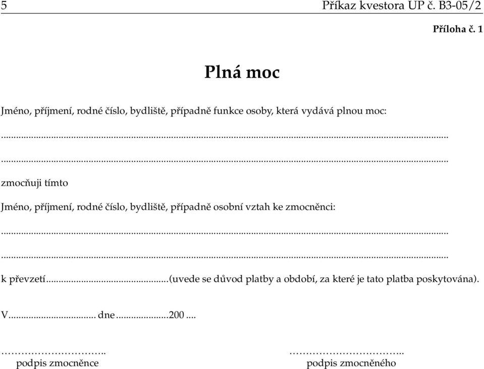 moc: zmocňuji tímto Jméno, příjmení, rodné číslo, bydliště, případně osobní vztah ke