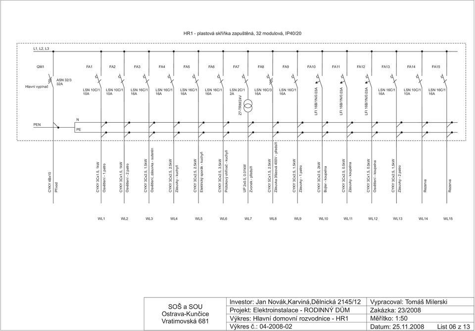 patro Rezerva Rezerva L1, L2, L3 QM1 Hlavní vypínaè PEN N PE FA1 Výkres: Hlavní domovní rozvodnice - HR1 Mìøítko: 1:50 Výkres è.: 04-2008-02 Datum: 25.11.2008 List 06 z 13 CYKY 3Cx2.5, 1.