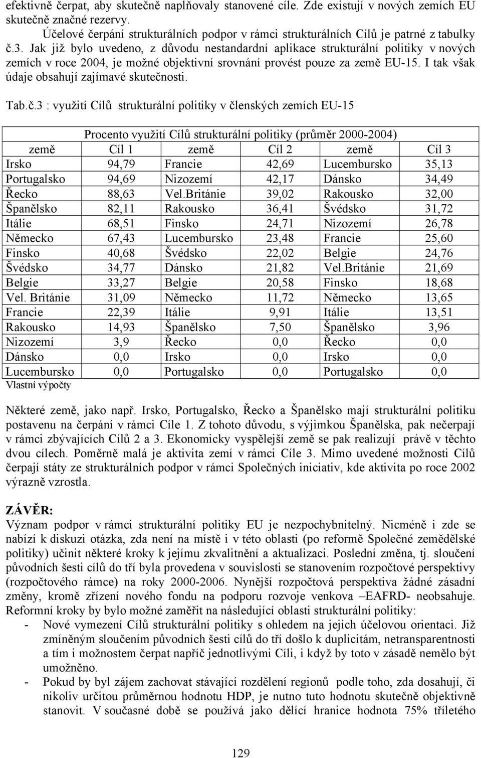 Jak již bylo uvedeno, z důvodu nestandardní aplikace strukturální politiky v nových zemích v roce 2004, je možné objektivní srovnání provést pouze za země EU-15.