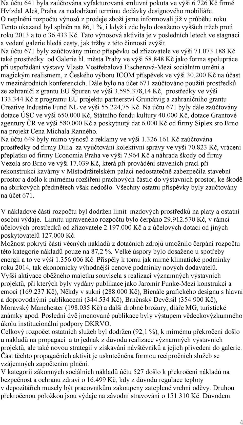 Tato výnosová aktivita je v posledních letech ve stagnaci a vedení galerie hledá cesty, jak tržby z této činnosti zvýšit. Na účtu 671 byly zaúčtovány mimo příspěvku od zřizovatele ve výši 71.073.