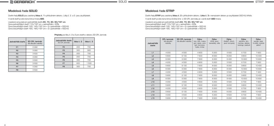 U 3D CPL laminátu je v ceně dveří ABS hrana. 3D P1 2 290 P2 3 290 P3 3 500 P4 3 290 P5 3 500 P6 3 500 P7 4 290 P8 3 500 Příplatky za lištu č.