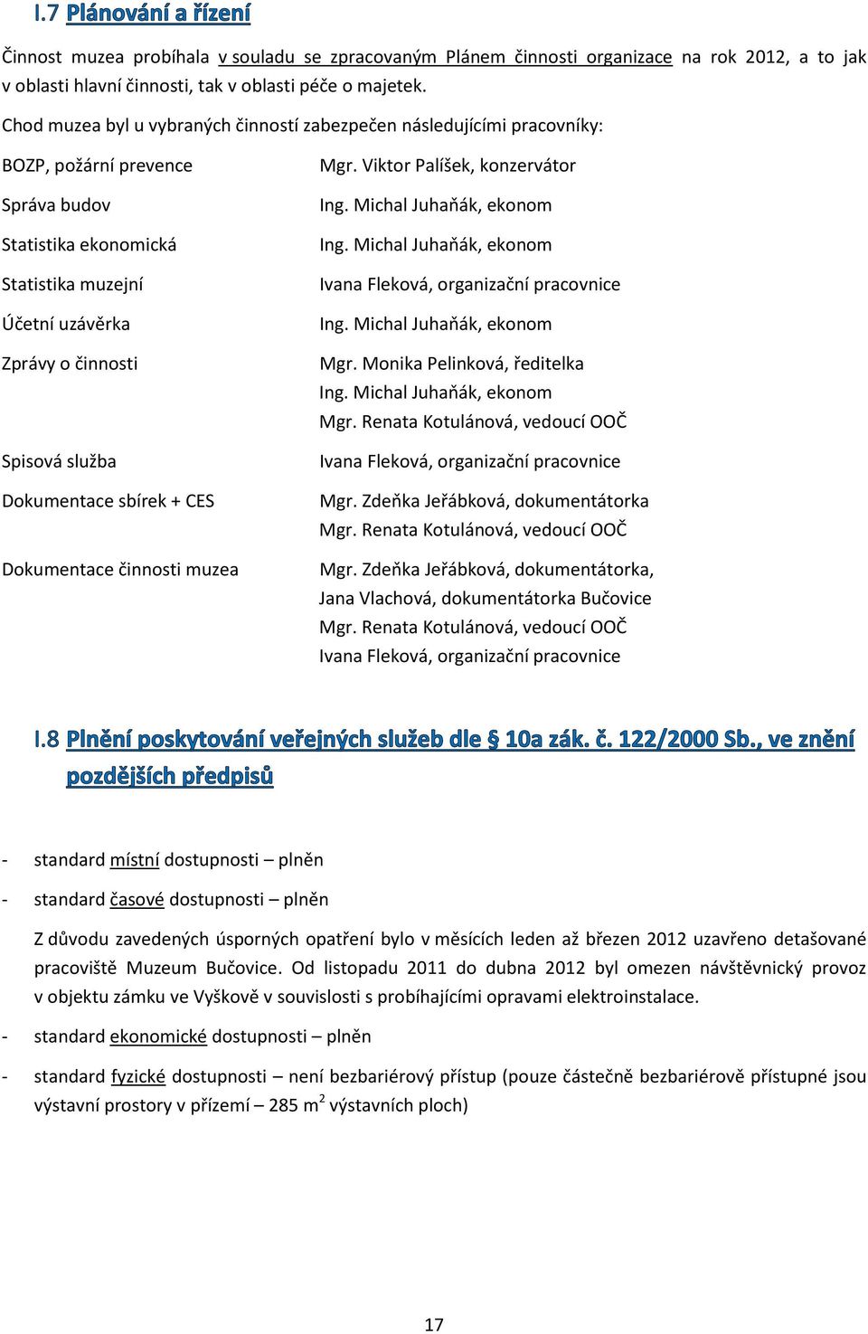 Dokumentace sbírek + CES Dokumentace činnosti muzea Mgr. Viktor Palíšek, konzervátor Ing. Michal Juhaňák, ekonom Ing. Michal Juhaňák, ekonom Ivana Fleková, organizační pracovnice Ing.