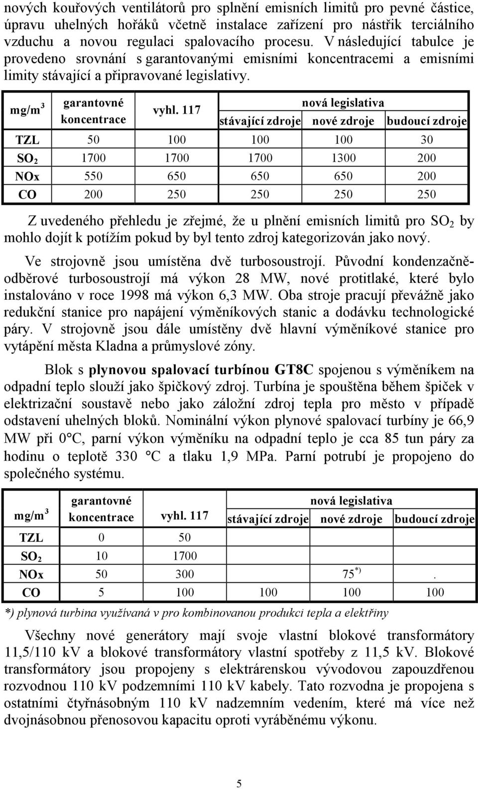 117 nová legislativa stávající zdroje nové zdroje budoucí zdroje TZL 50 100 100 100 30 SO 2 1700 1700 1700 1300 200 NOx 550 650 650 650 200 CO 200 250 250 250 250 Z uvedeného přehledu je zřejmé, že u