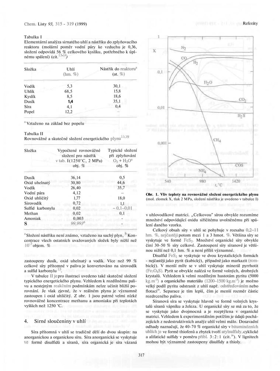 %) Vodík Uhlík Kyslík Dusík Sír Popel 5,3 68,5 8,5 1,4 4,1 12,2 30,1 15,8 18,6 35,1 0,4 Vztženo n zákld bez popelu Tbulk II Rovnovážné skutečné složení energetického plynu ij '' Složk Vypočtené