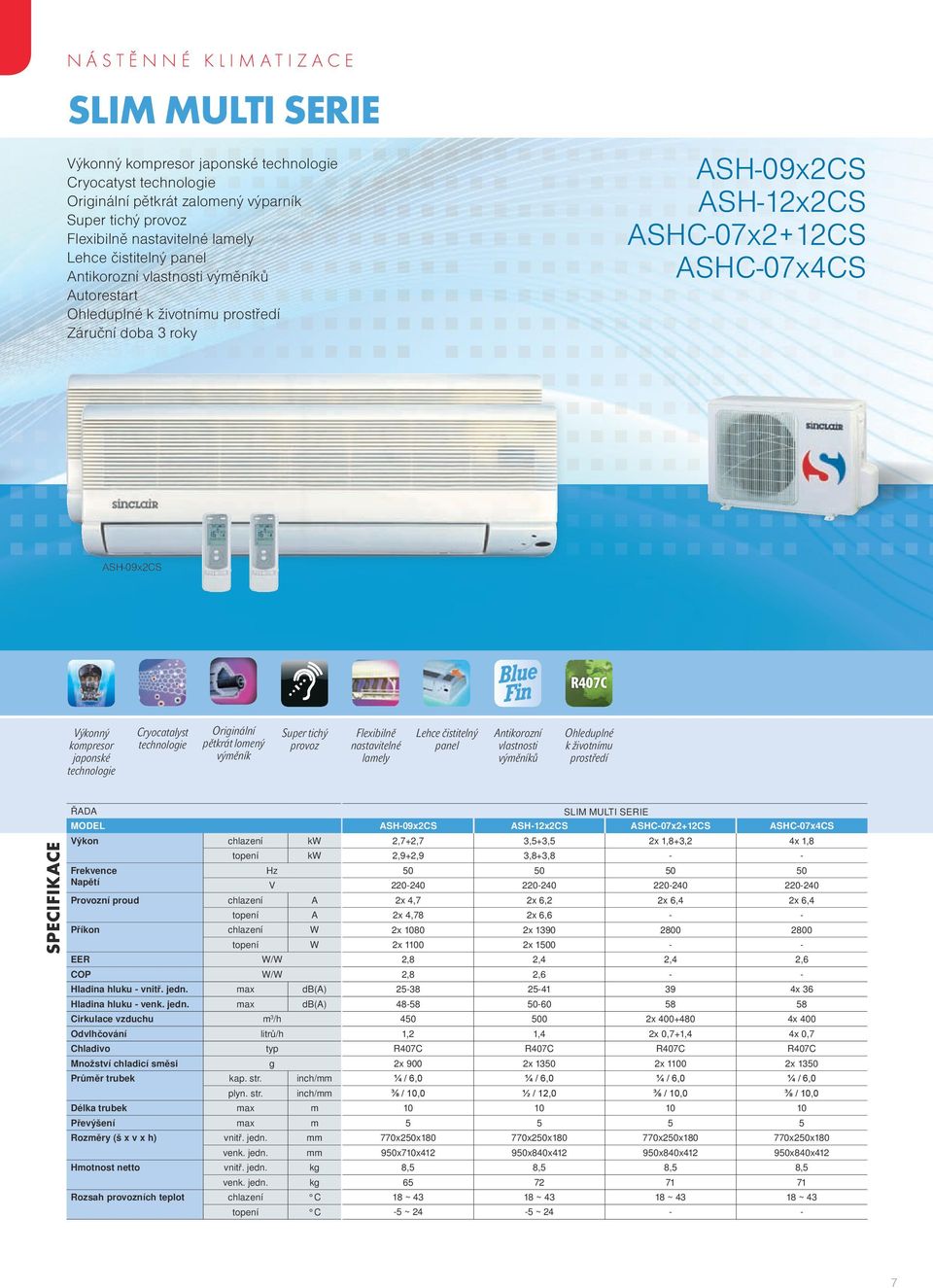 vlastnosti výměníků Autorestart Záruční doba 3 roky ash-09x2cs R407C Výkonný kompresor japonské Cryocatalyst Oriinální pětkrát lomený výměník Super tichý provoz Flexibilně nastavitelné lamely Lehce