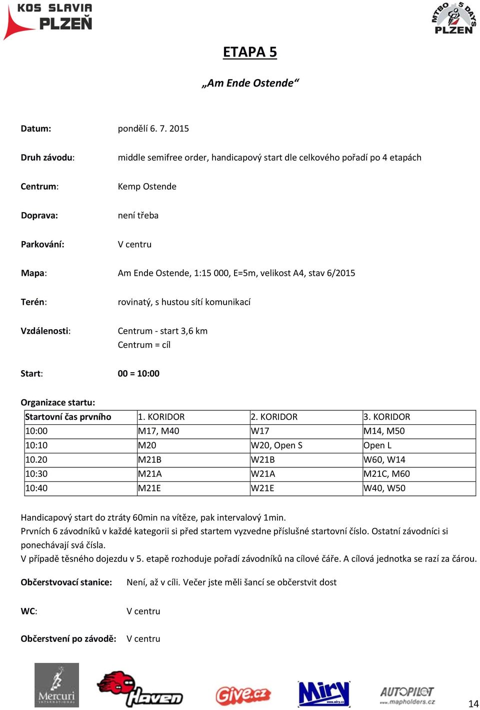 velikost A4, stav 6/2015 Terén: rovinatý, s hustou sítí komunikací Vzdálenosti: Centrum start 3,6 km Centrum = cíl Start: 00 = 10:00 Organizace startu: Startovní čas prvního 1. KORIDOR 2. KORIDOR 3.