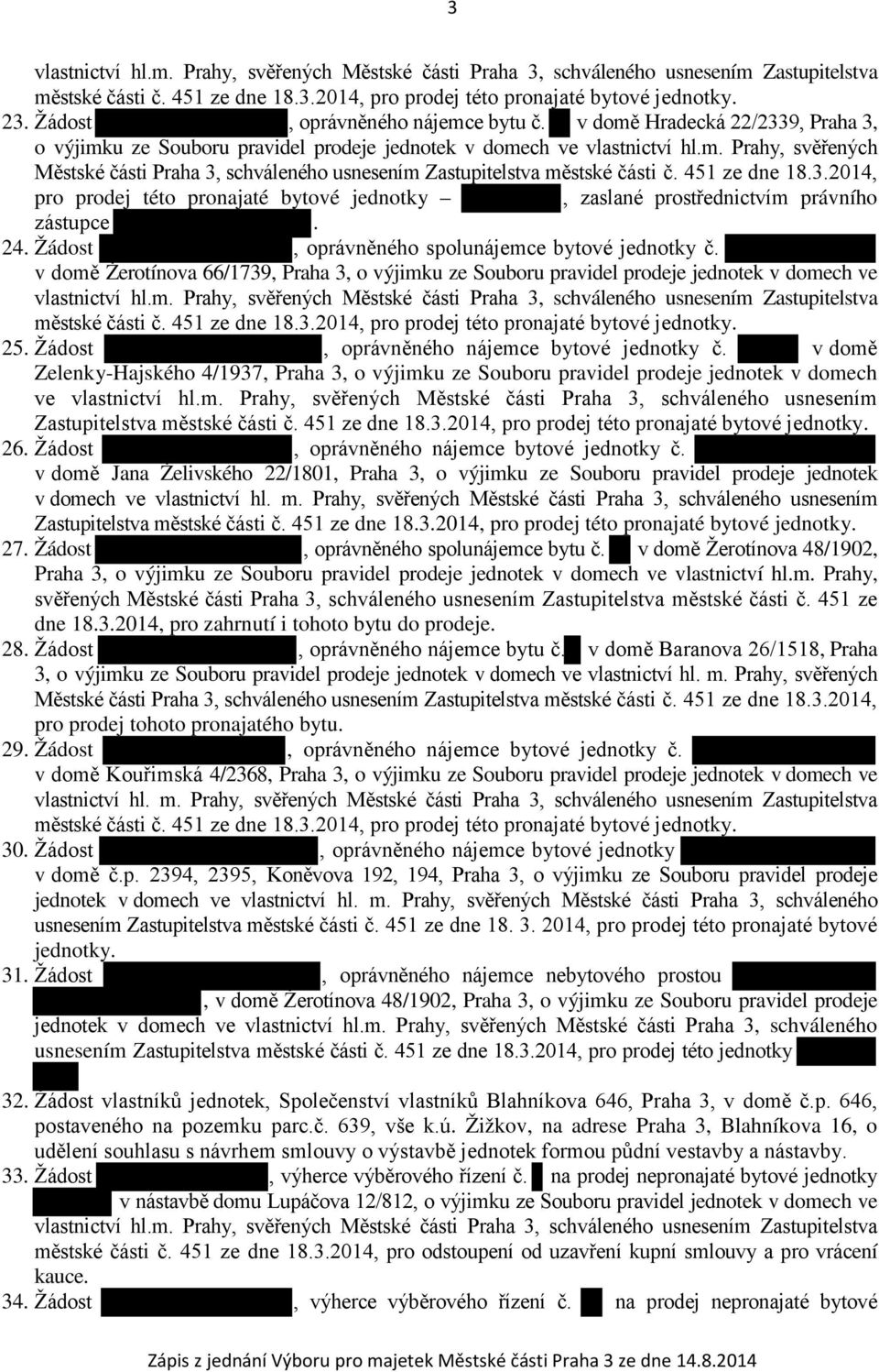 451 ze dne 18.3.2014, pro prodej této pronajaté bytové jednotky, zaslané prostřednictvím právního zástupce. 24. Žádost, oprávněného spolunájemce bytové jednotky č.