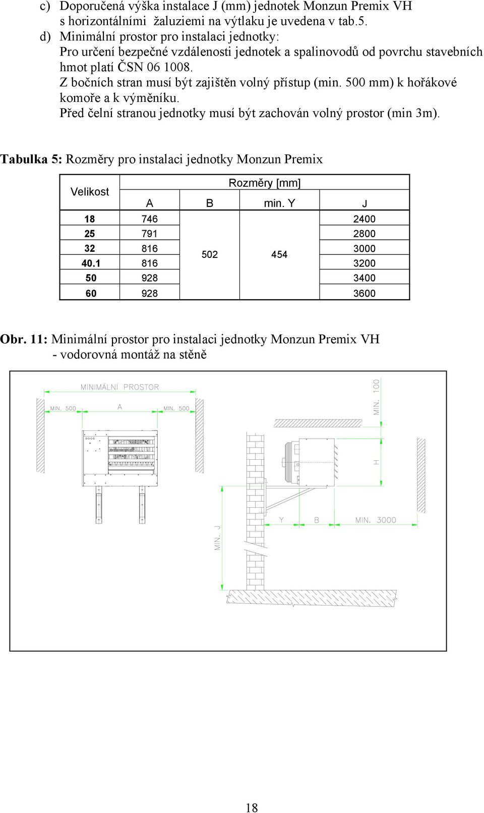 Z bočních stran musí být zajištěn volný přístup (min. 500 mm) k hořákové komoře a k výměníku. Před čelní stranou jednotky musí být zachován volný prostor (min 3m).