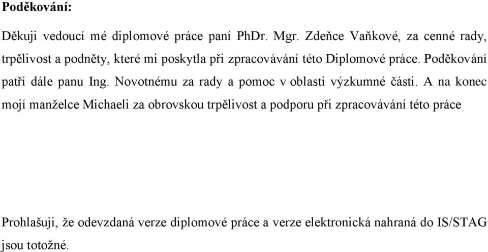 Poděkování patří dále panu Ing. Novotnému za rady a pomoc v oblasti výzkumné části.