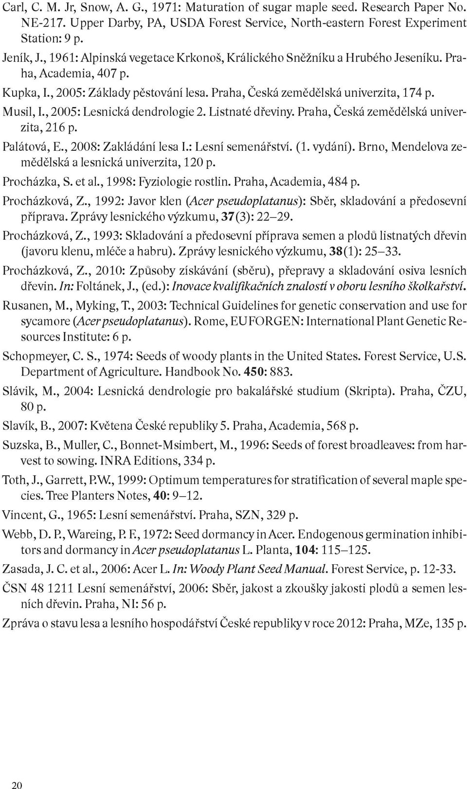 , 2005: Lesnická dendrologie 2. Listnaté dřeviny. Praha, Česká zemědělská univerzita, 216 p. Palátová, E., 2008: Zakládání lesa I.: Lesní semenářství. (1. vydání).