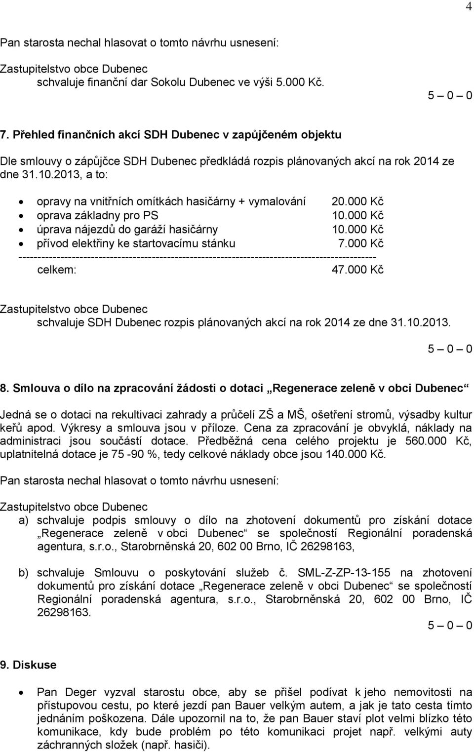 2013, a to: opravy na vnitřních omítkách hasičárny + vymalování 20.000 Kč oprava základny pro PS 10.000 Kč úprava nájezdů do garáží hasičárny 10.000 Kč přívod elektřiny ke startovacímu stánku 7.