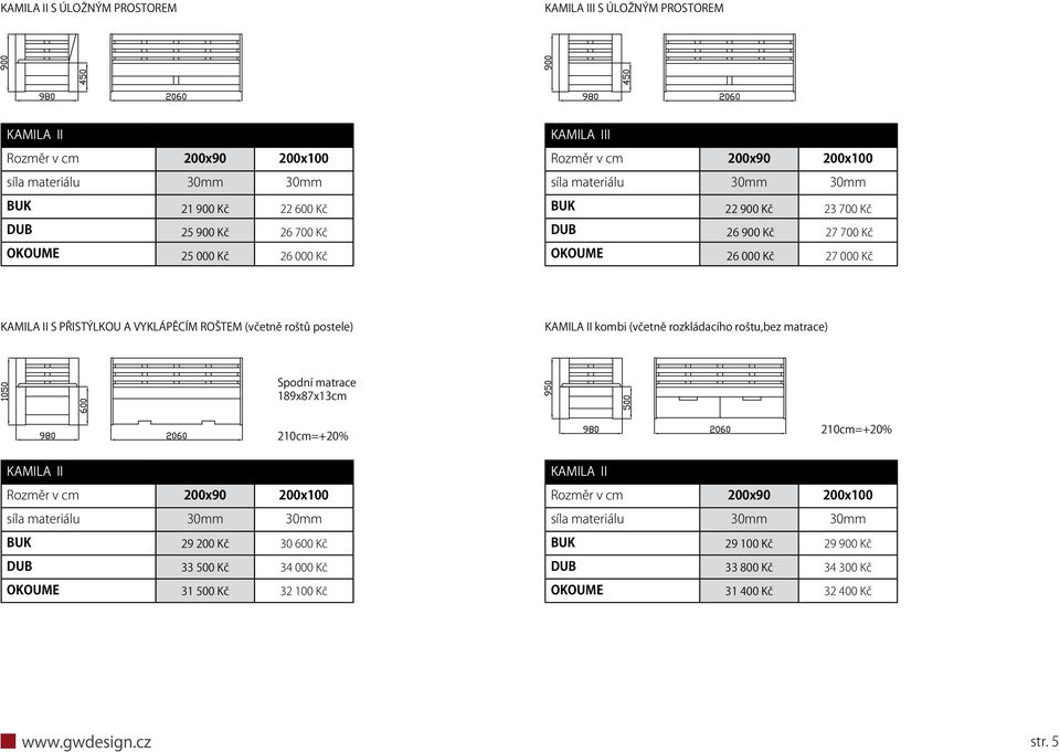 roštů postele) KAMILA II kombi (včetně rozkládacího roštu,bez matrace) Spodní matrace 189x87x13cm 210cm=+20% 210cm=+20% KAMILA II Rozměr v cm 200x90 200x100 síla materiálu 30mm 30mm BUK 29 200 Kč