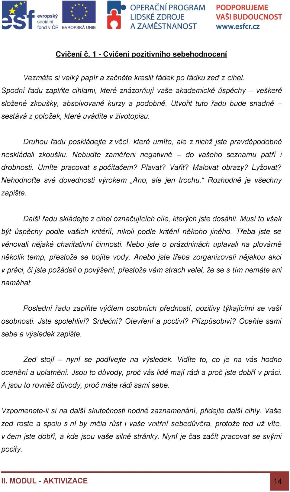 Druhou řadu poskládejte z věcí, které umíte, ale z nichž jste pravděpodobně neskládali zkoušku. Nebuďte zaměřeni negativně do vašeho seznamu patří i drobnosti. Umíte pracovat s počítačem? Plavat?